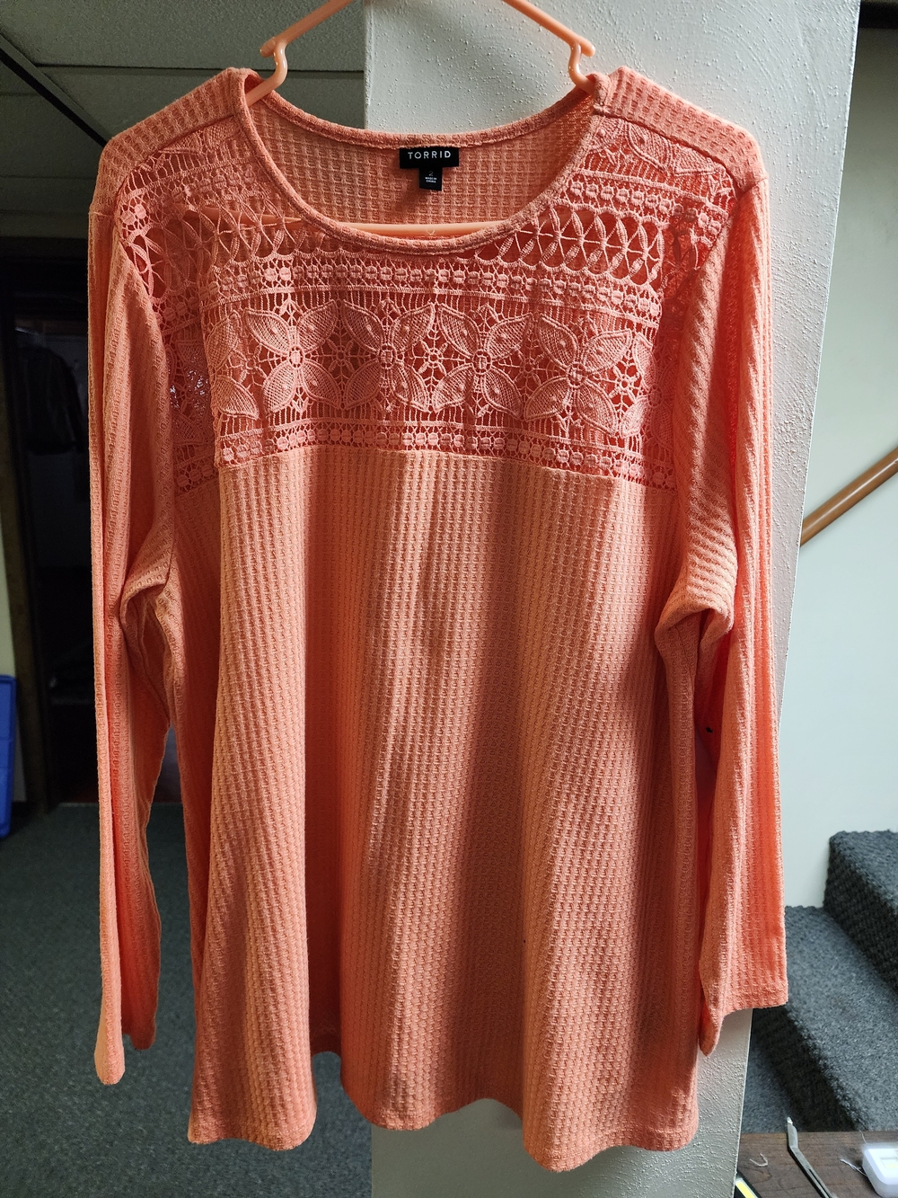 Torrid Coral Lace Yoke Waffle-Knit Long Sleeve Top